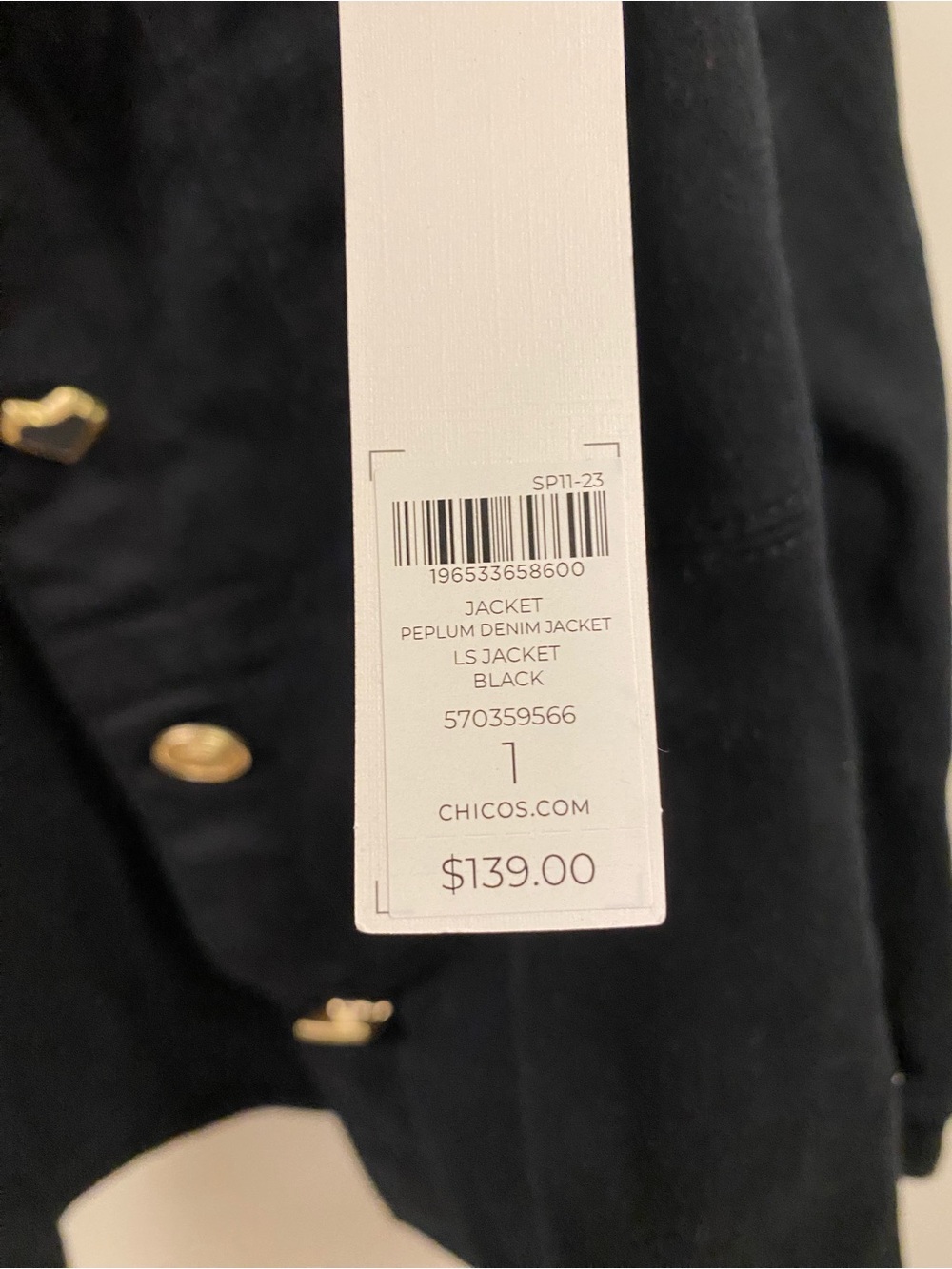 Chicos Black Peplum Denim Jacket NWT Sz 1 - Picture 4 of 7